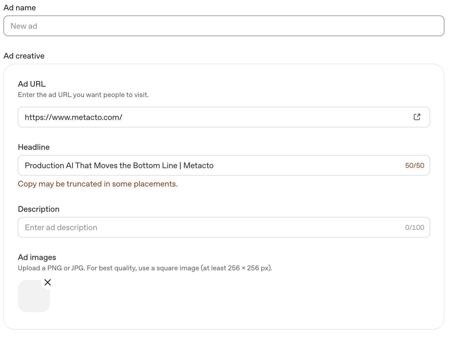 Ad creation screen with ad URL, headline, description, and image fields