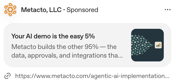 Completed ChatGPT sponsored ad preview for Metacto
