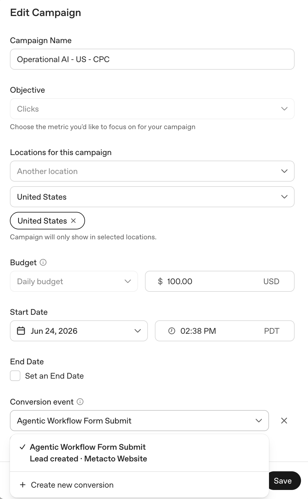 Edit Campaign screen with the conversion event linked