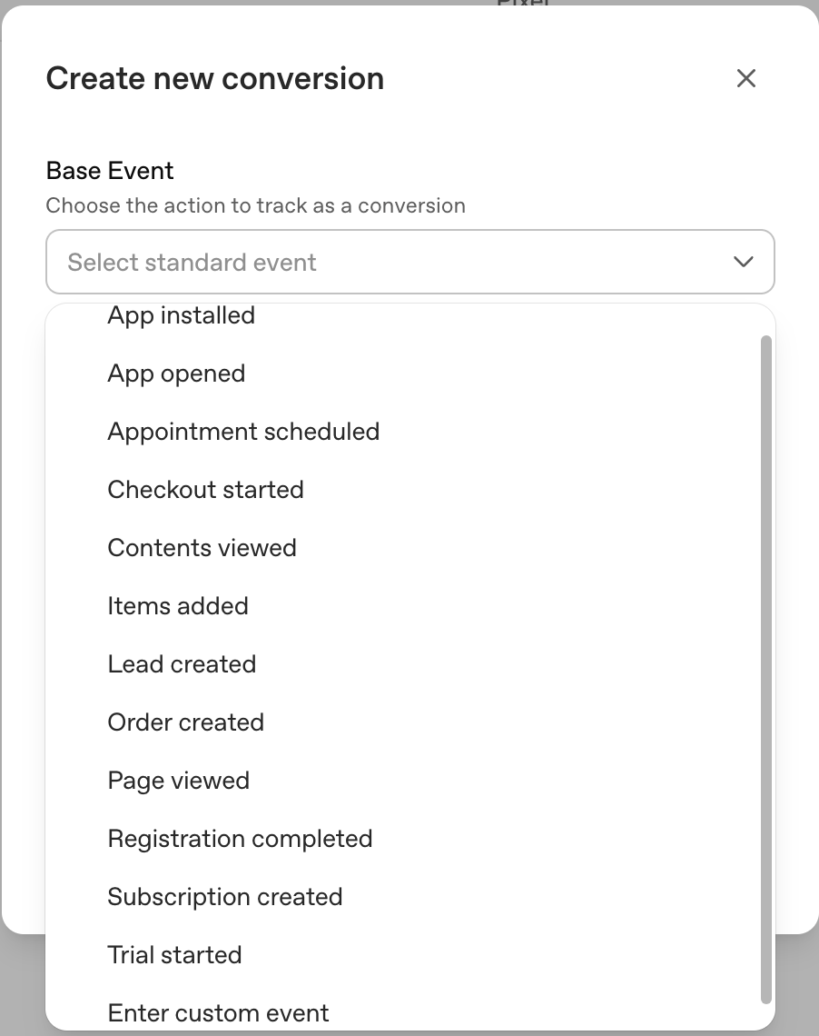 Create new conversion modal with the base event dropdown open