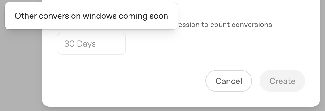 Conversion window field set to 30 days with a coming soon tooltip