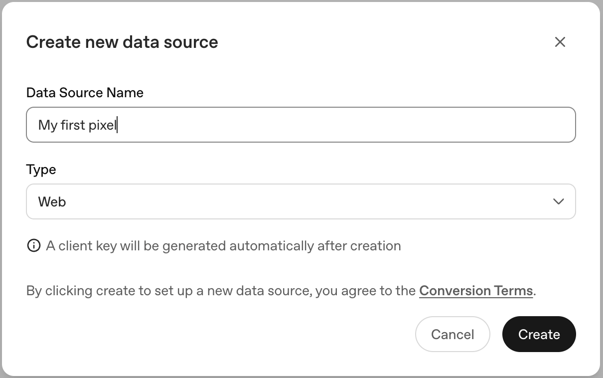 Create new data source modal with name field and Web type selected