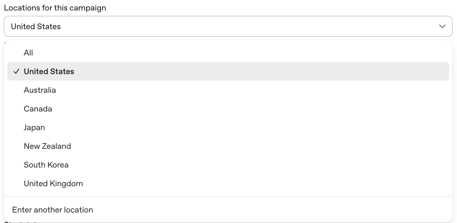 Locations dropdown with preset countries