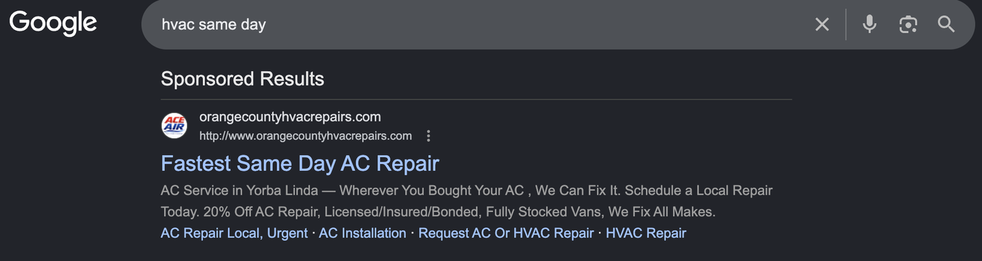 A Google search ad for 'hvac same day' headlined 'Fastest Same Day AC Repair' from an Orange County HVAC company
