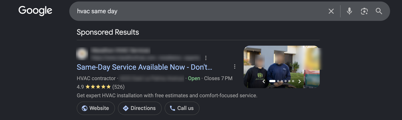 A Google search for 'hvac same day' showing a sponsored result headlined 'Same-Day Service Available Now', with the advertiser's name blurred