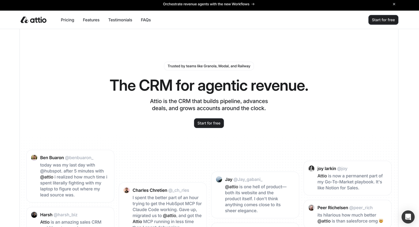 Attio's homepage hero headlined 'The CRM for agentic revenue' surrounded by embedded social posts from real accounts praising the product