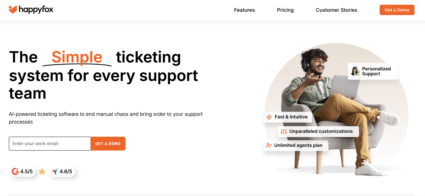 HappyFox's homepage hero with G2 and star ratings displayed directly below the email field and Get a Demo button