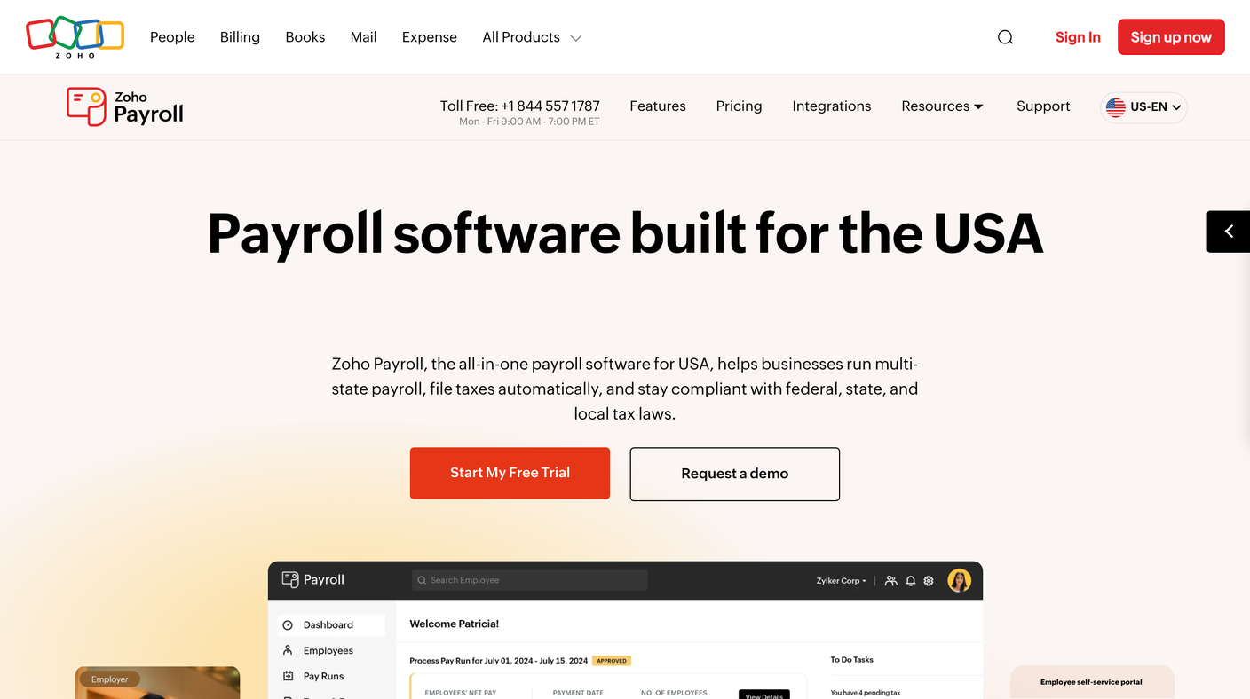 Zoho Payroll's landing page with two CTAs side by side: a Start My Free Trial button and a Request a demo button