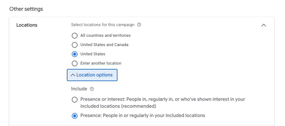 Google Ads location options showing Presence or interest vs. Presence only