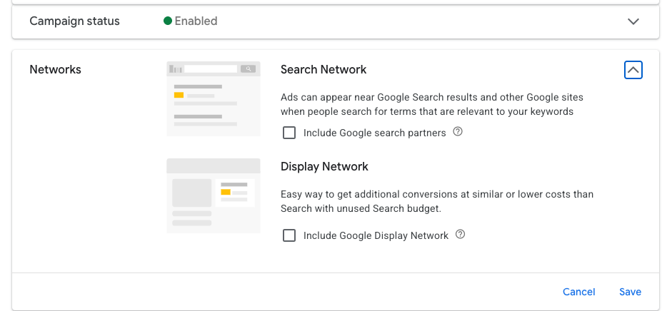 Google Ads Networks settings with the Include Google search partners checkbox