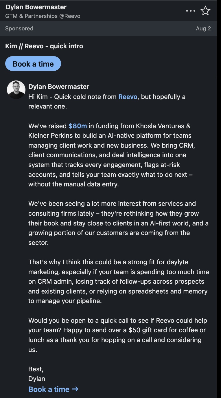 A Message ad from Reevo in the LinkedIn inbox with a Sponsored label and single CTA