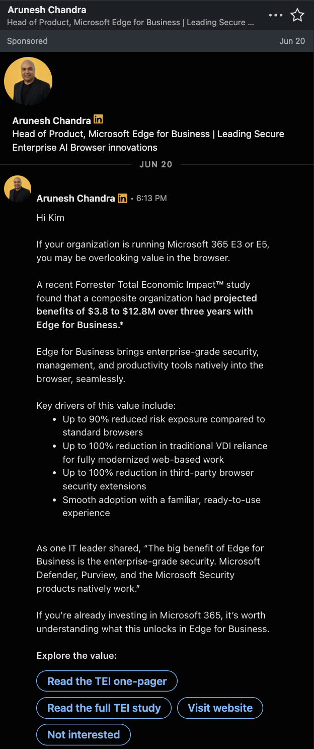 A Conversation ad from Microsoft offering four response paths