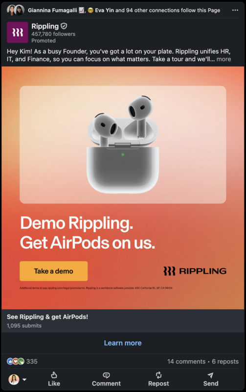 A Single Image ad using a personalization token to include the viewer's first name in the copy