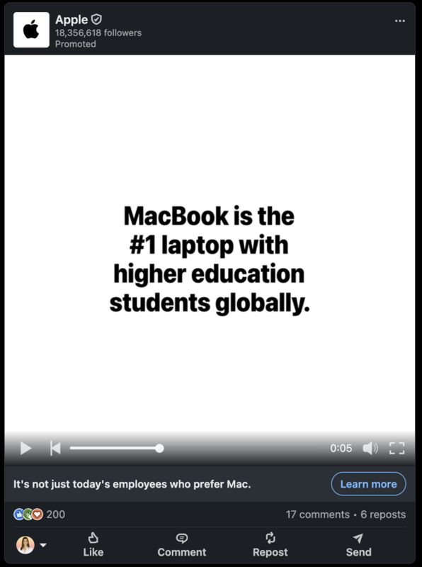 A Video LinkedIn ad from Apple's Company Page with standard in-feed video controls