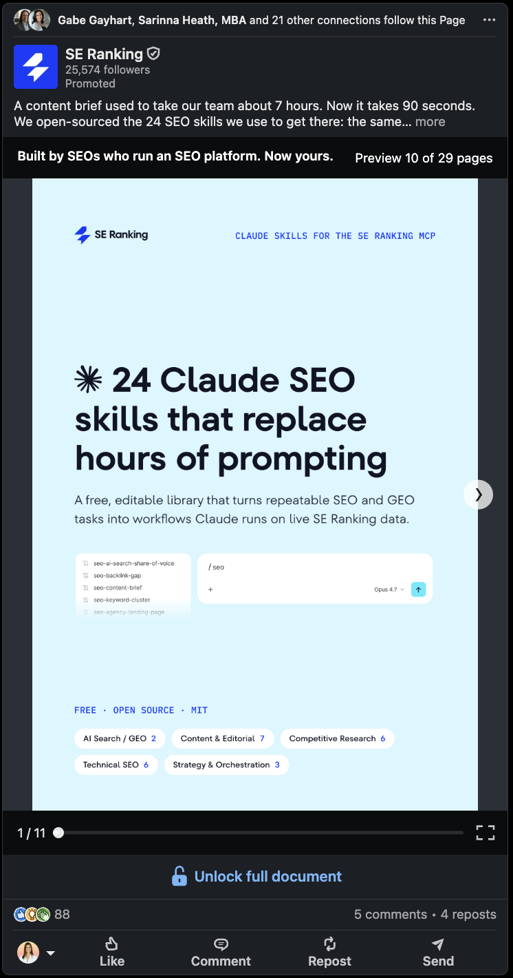 A Document LinkedIn ad from SE Ranking showing a preview of a 29-page report