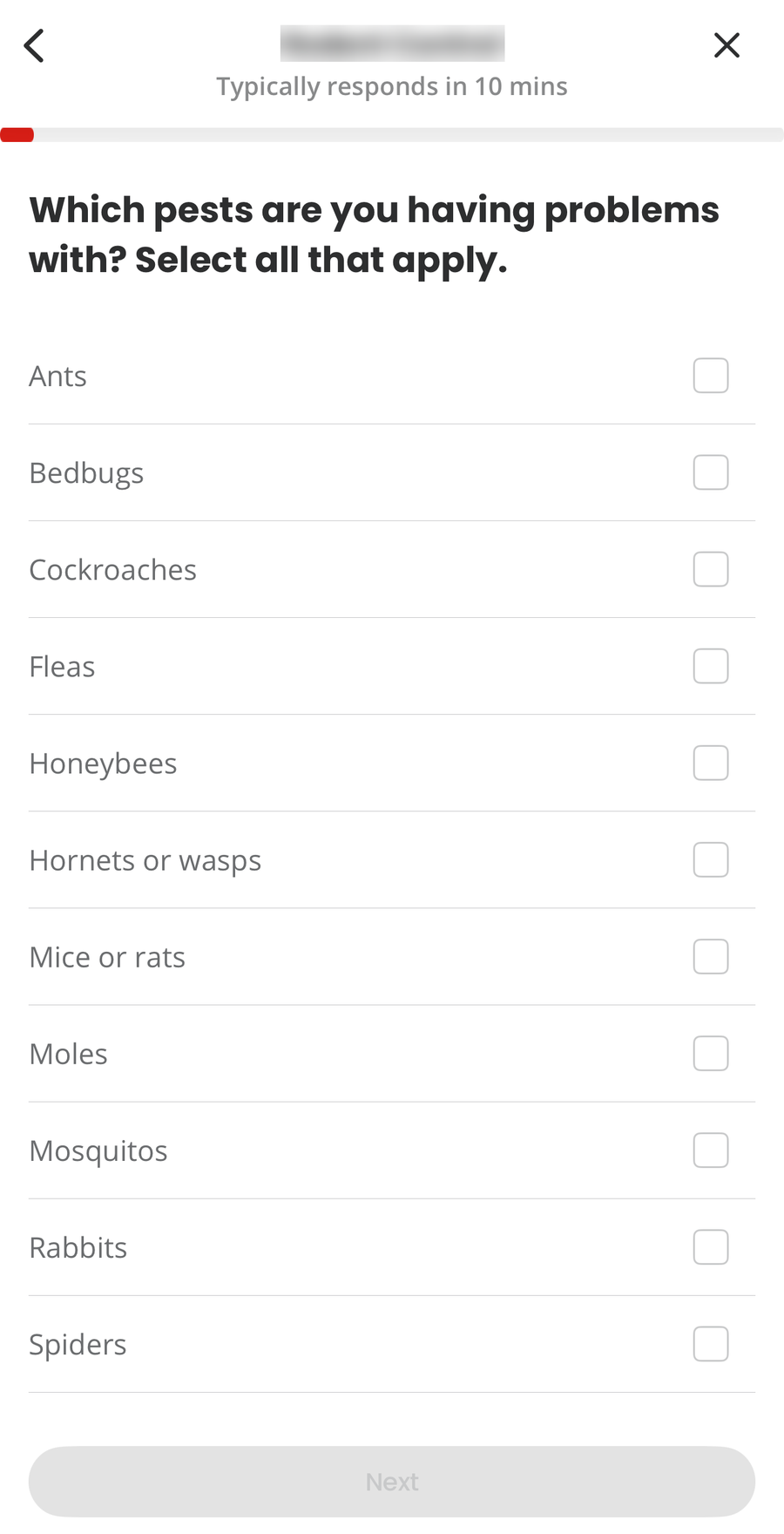 The Yelp Request a Quote intake on mobile asking 'Which pests are you having problems with? Select all that apply' with checkboxes for ants, bedbugs, cockroaches, fleas, honeybees, hornets or wasps, mice or rats, moles, mosquitos, rabbits and spiders, business name blurred